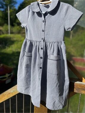 Vintage Girls' Navy and White Gingham Button-Front Dress • 10